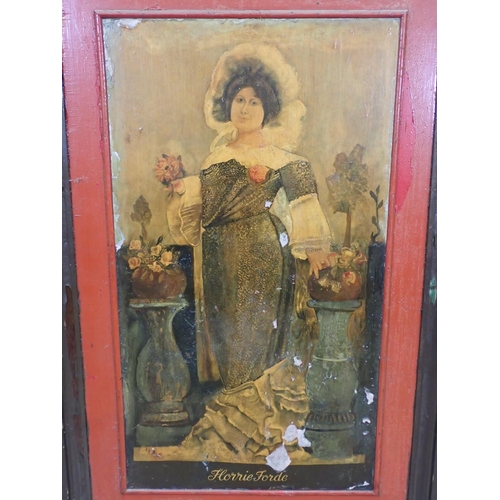 634 - An antique painted wooden Pub Sign depicting a woman in 19th Century attire 4ft 8in H x 3ft W