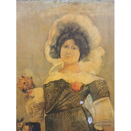 634 - An antique painted wooden Pub Sign depicting a woman in 19th Century attire 4ft 8in H x 3ft W