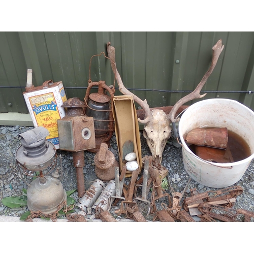 648 - A box of Gin Traps, three Lamps, Fallow Buck Antlers, etc.