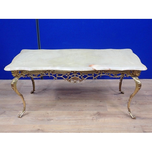 72 - A modern brass Coffee Table with shaped onyx effect top 3ft 7in W x 1ft 7in H