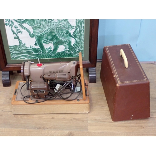 76 - A Singer Sewing Machine (Failed Pat Test) and two mahogany framed Firescreens