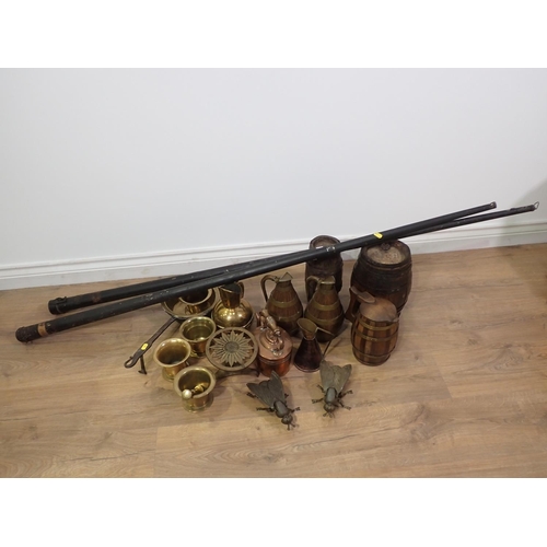 78 - Two old Snooker Cues in metal containers, one with carved ebonised handle, brass Mortars, metal boun... 