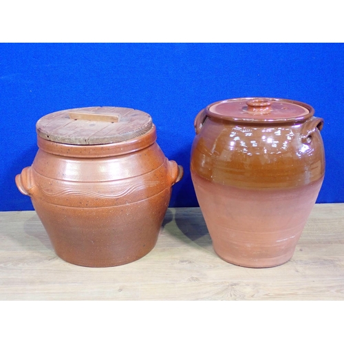 87 - A salt glazed Flour Bin with wooden lid and another brown glazed lidded Flour Bin