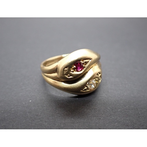 103 - A Ruby and Diamond Snake Ring set old-cut diamond and round ruby in 9ct gold, ring size M, approx 4.... 