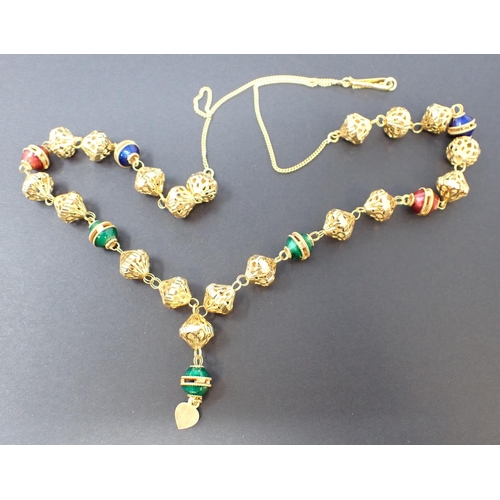 160 - A high grade gold fancy-link Necklace the front having pierced links interspersed with enamelled lin... 