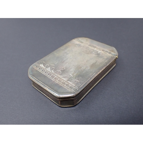 188 - An antique silver Snuff Box with hinged lid, scroll engraved decoration and presentation inscription... 