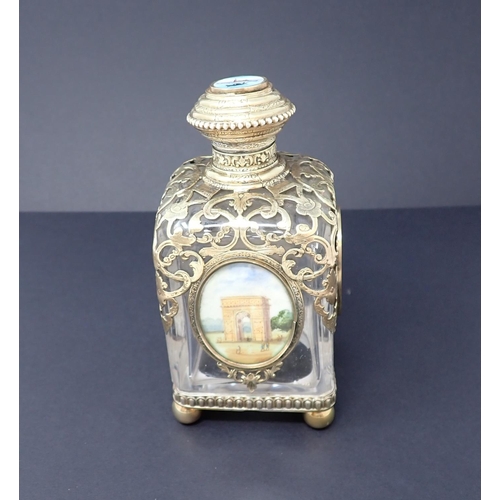 189 - A 19th Century 'Grand Tour' Scent Bottle the square section glass bottle with engraved gilt metal mo... 