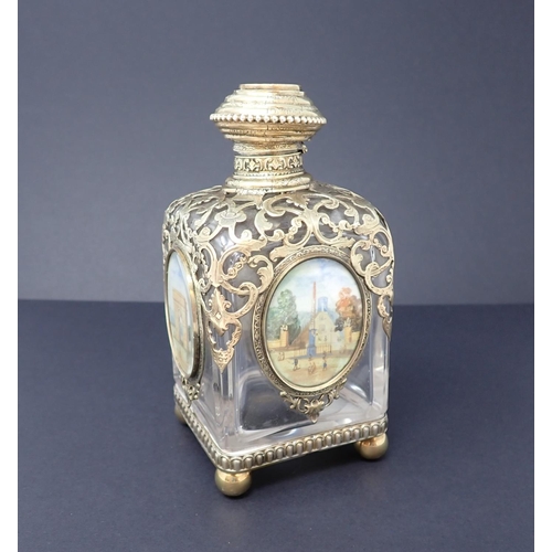 189 - A 19th Century 'Grand Tour' Scent Bottle the square section glass bottle with engraved gilt metal mo... 