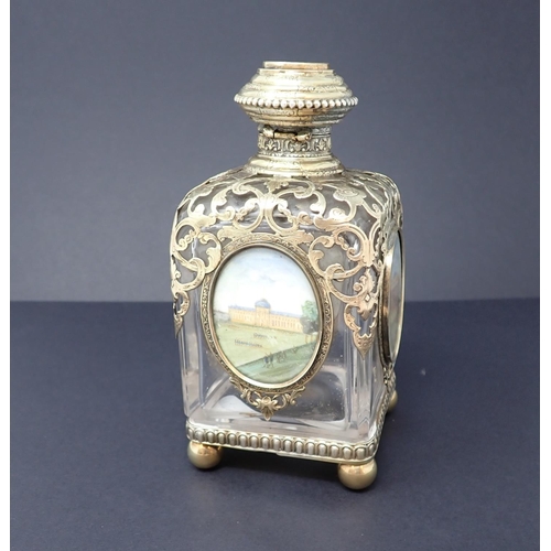 189 - A 19th Century 'Grand Tour' Scent Bottle the square section glass bottle with engraved gilt metal mo... 