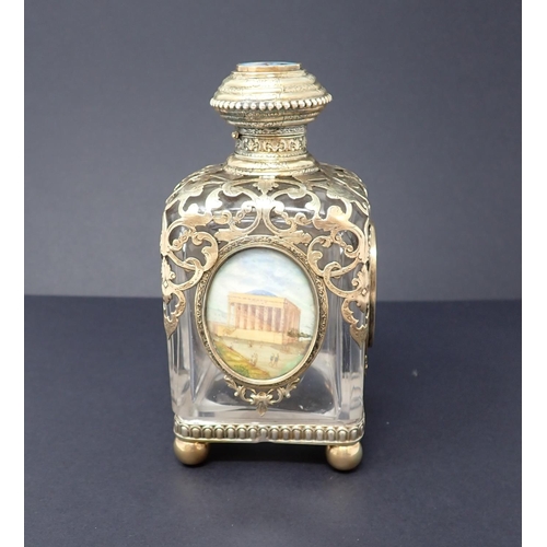 189 - A 19th Century 'Grand Tour' Scent Bottle the square section glass bottle with engraved gilt metal mo... 