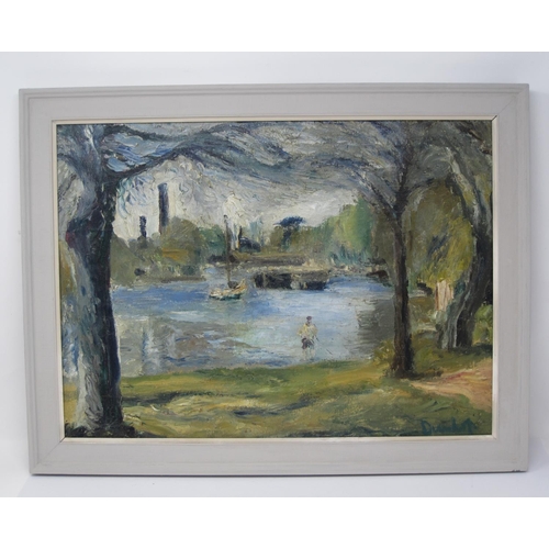 225 - RONALD OSSORY DUNLOP RA RBA (1894- 1973 ) A Thames river view, signed, oil on canvas, 13 ½ x 18 ½ in... 