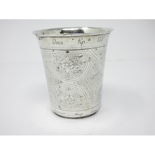 23 - A Russian silver Tumbler engraved floral and trellis panels, 3in, inscription to rim and base, marke... 