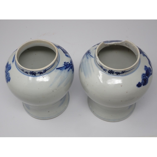 257 - A pair of 19th Century Chinese blue and white lidded Jars with figures within landscapes (one rim A/... 