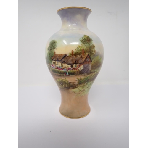 267 - A Royal Worcester baluster vase painted scene of Ann Hathaway's cottage in a rural landscape, patt n... 