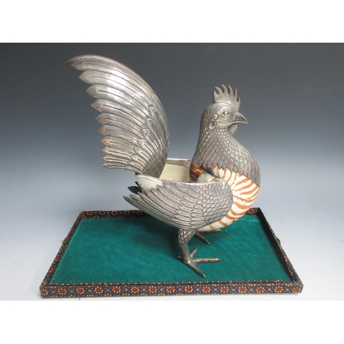 27 - An Indonesian silver and nautilus shell Cockerel with finely detailed plumage, 9 x 11in, under glaze... 