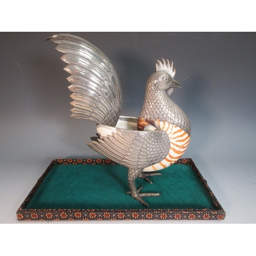 27 - An Indonesian silver and nautilus shell Cockerel with finely detailed plumage, 9 x 11in, under glaze... 