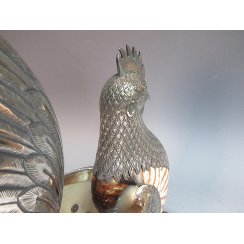 27 - An Indonesian silver and nautilus shell Cockerel with finely detailed plumage, 9 x 11in, under glaze... 