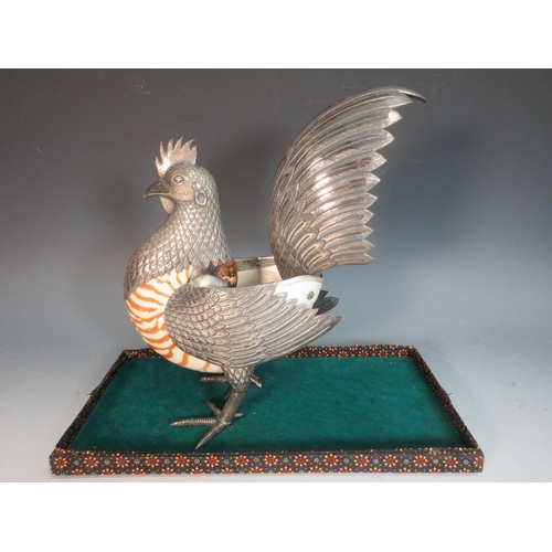 27 - An Indonesian silver and nautilus shell Cockerel with finely detailed plumage, 9 x 11in, under glaze... 