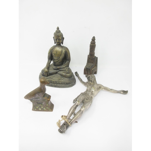 282 - An Oriental bronze seated Buddha, 7 1/2 in, white metal Crucifix, 9in, bronze Bird, 4in, and another... 