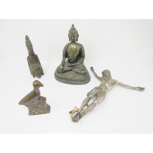 282 - An Oriental bronze seated Buddha, 7 1/2 in, white metal Crucifix, 9in, bronze Bird, 4in, and another... 