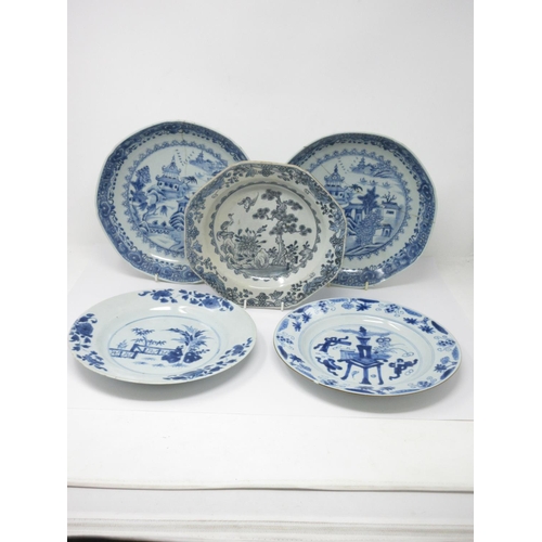 287 - A pair of Chinese blue and white Dishes with pagoda landscapes 10in, both rivetted, and three variou... 