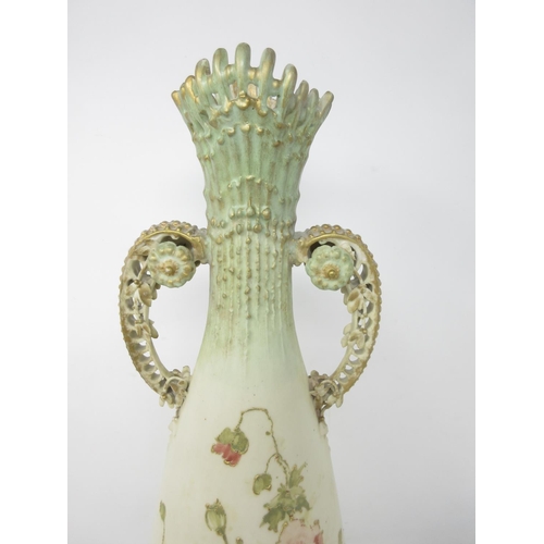 289 - An Austrian two-handled Amphora Vase with floral bouquet and moulded design, pierced and gilded hand... 