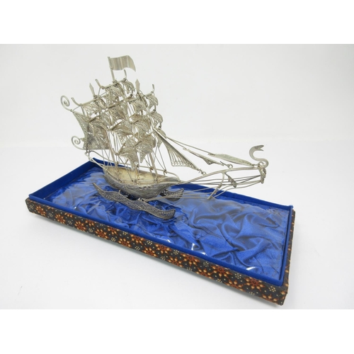 29 - An Indonesian filigree silver Galleon, 7in, in case