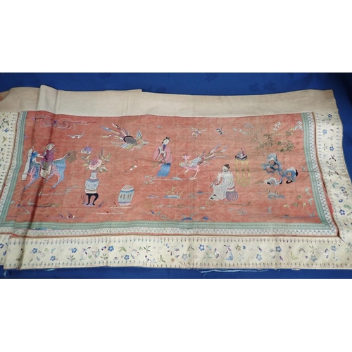 301 - A long 19th Century Chinese embroidered silk Panel of figures among flowers, dragons etc with floral... 