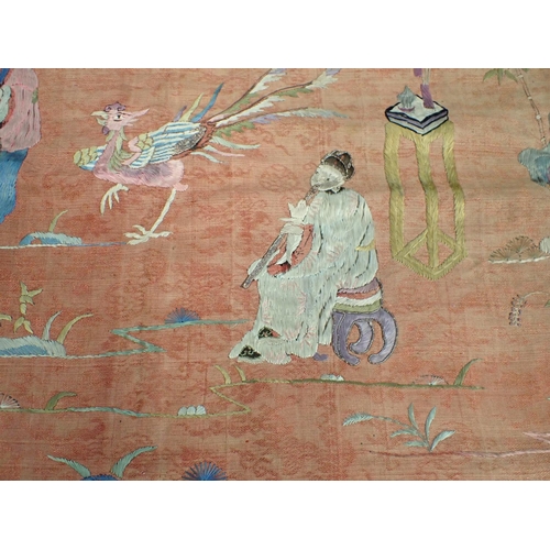 301 - A long 19th Century Chinese embroidered silk Panel of figures among flowers, dragons etc with floral... 