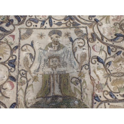 302 - An early finely embroidered Chalice Cover depicting figure holding a banner of Christ within floral ... 