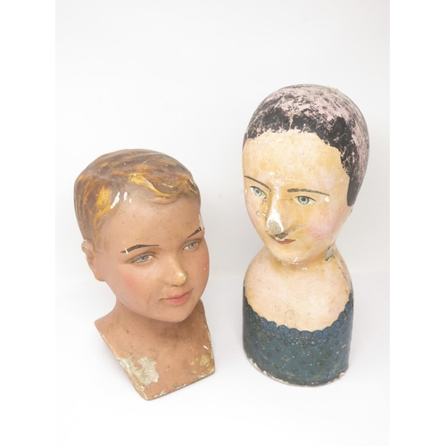 305 - An early 20th Century painted plaster boy's Mannequin Head and a 19th Century papier machier female ... 