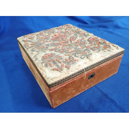 310 - A velvet covered Box the hinged lid with coral bead and silver wirework embroidery, 9 1/2in x 11 1/2... 