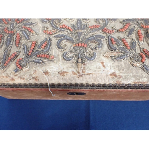 310 - A velvet covered Box the hinged lid with coral bead and silver wirework embroidery, 9 1/2in x 11 1/2... 