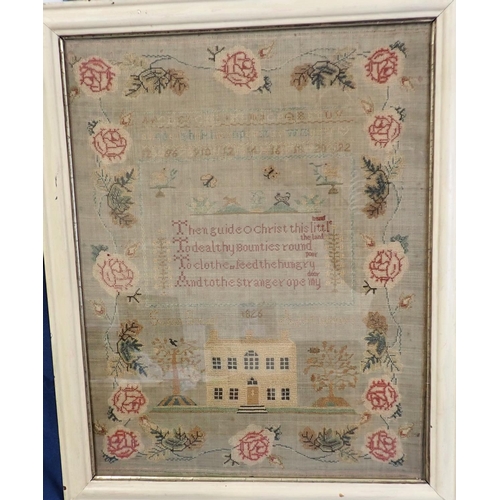 311 - A Georgian silk on tabby Sampler embroidered alphabet, birds, animals, verse and a house within flor... 