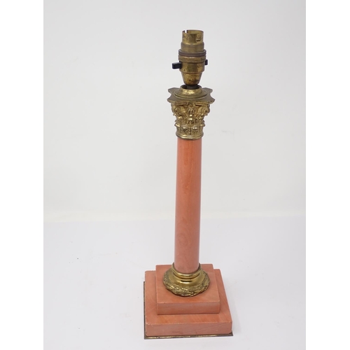 316 - A pink marble Table Lamp with gilt brass capital and stepped square base 15 1/2in H