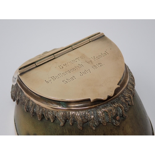 344 - An Edwardian brass mounted Horse Hoof Inkwell engraved to hinged lid ''Sweets' by 'Butterscotch' by ... 