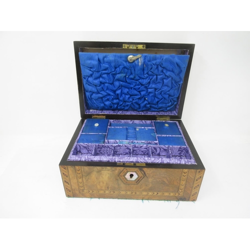 346 - A Victorian walnut Jewel Box with feather inlay, interior tray, with lidded compartment, 9 ½ in