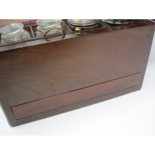 349 - A Victorian rosewood travelling Box with eleven silver plate bottles and boxes, the front section wi... 