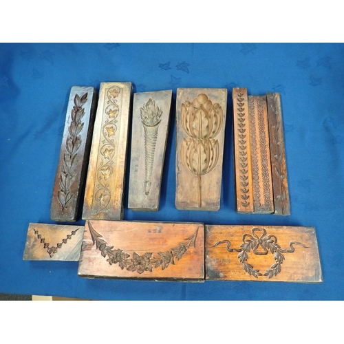 350 - A collection of ten 19th Century carved wooden Plaster Moulds including; flaming torch, floral swag,... 