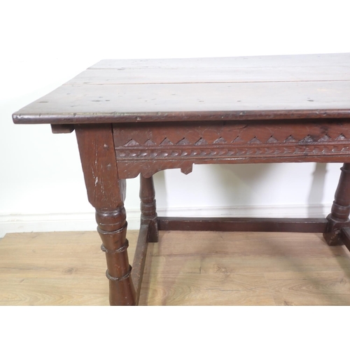 403 - A mid-17th Century oak Altar Table with three plank top above chip and zig zag carved frieze mounted... 