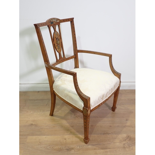 420 - A 19th Century satinwood and floral painted Salon Elbow Chair with cream upholstered seat mounted up... 