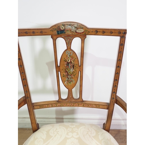 420 - A 19th Century satinwood and floral painted Salon Elbow Chair with cream upholstered seat mounted up... 