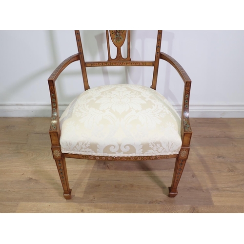 420 - A 19th Century satinwood and floral painted Salon Elbow Chair with cream upholstered seat mounted up... 