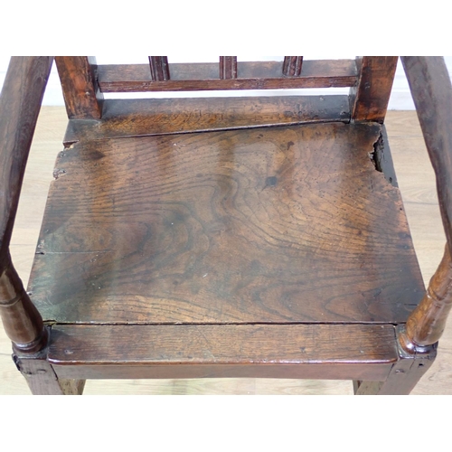 426 - An 18th Century elm child's High Chair mounted upon square cut supports 3ft 1in H x 1ft 3in W