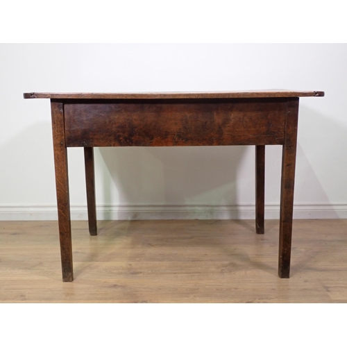 433 - An antique oak Table with four plank cleated top and raised on squared supports, 3ft 9in L x 2ft 4in... 