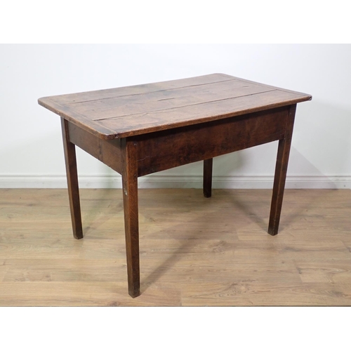 433 - An antique oak Table with four plank cleated top and raised on squared supports, 3ft 9in L x 2ft 4in... 