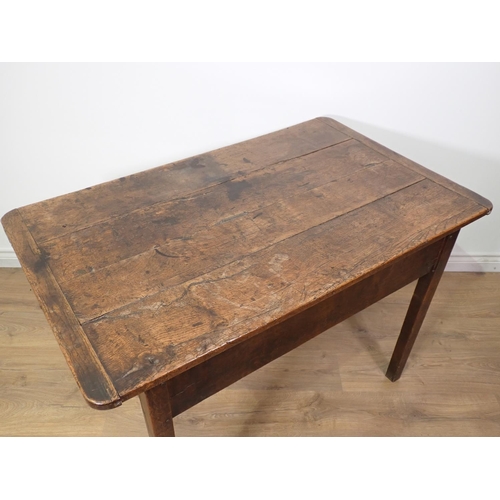 433 - An antique oak Table with four plank cleated top and raised on squared supports, 3ft 9in L x 2ft 4in... 