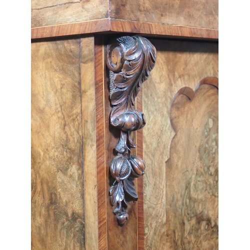 443 - A Victorian burr walnut Side Cabinet with moulded top, single panelled door enclosing lined shelves ... 