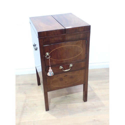 469 - A Georgian mahogany enclosed Washstand with folding top fitted cupboard and drawer on squared suppor... 