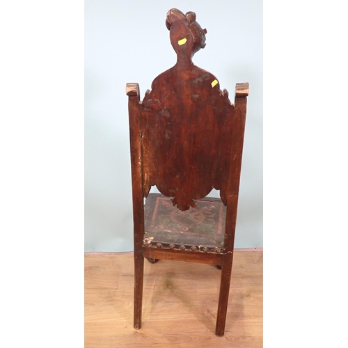 479 - A Continental walnut Chair in the 17th Century style with tooled leather armorial back panel, beneat... 